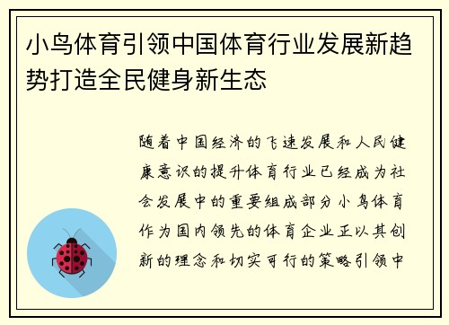 小鸟体育引领中国体育行业发展新趋势打造全民健身新生态